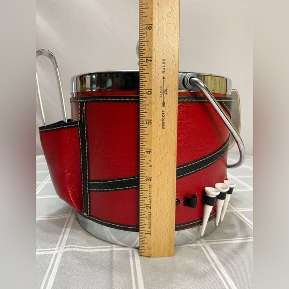 Vintage MCM Golf Theme Ice Bucket Silver Red Black Ice Tongs Golf Tee - Picture 7 of 9